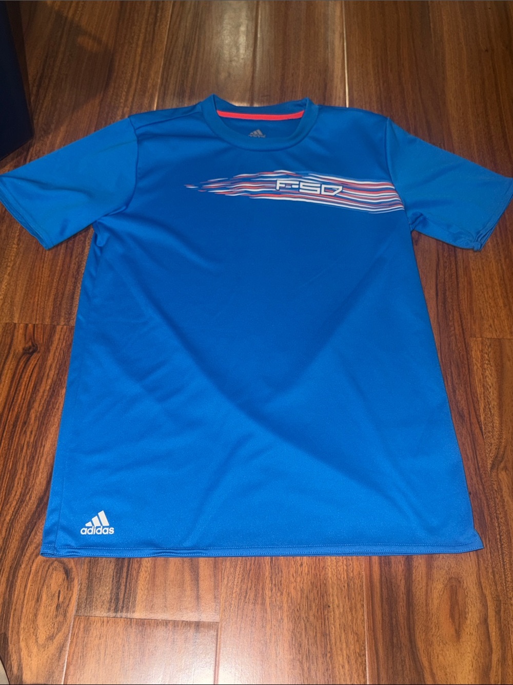 adidas Blue F50 Short Sleeve Athletic Tee with Stripe Graphic